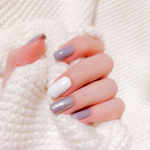 Mauve, white and silver glitter mix-and-match nails